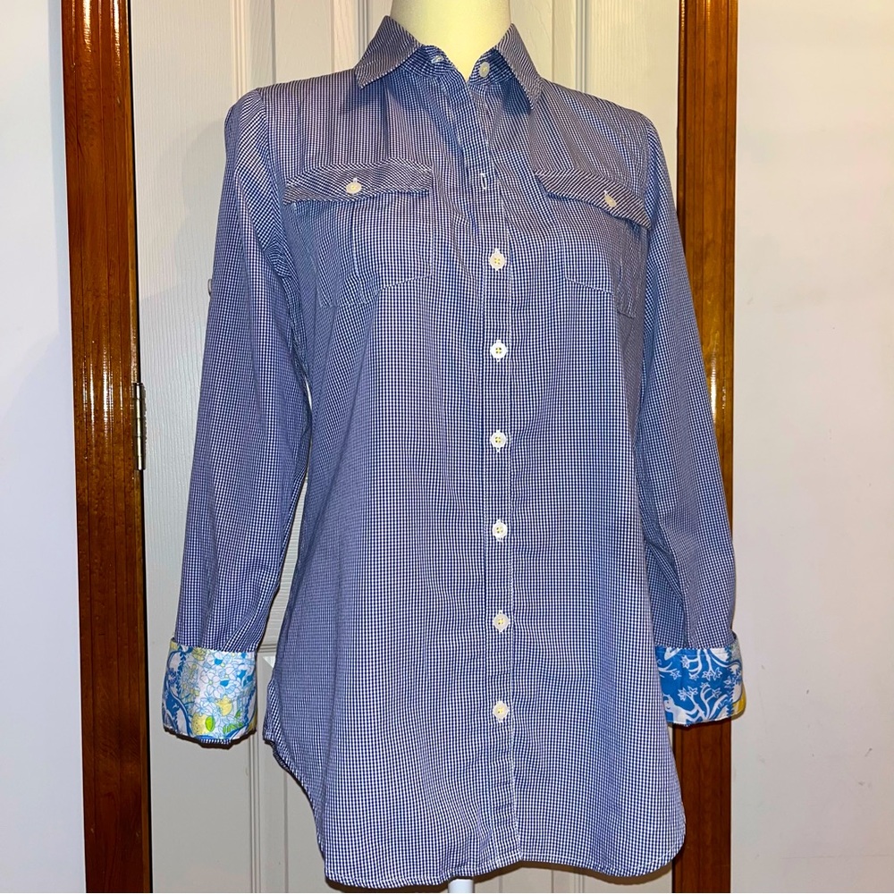 Lilly Pulitzer Resort Fit Gingham Button Down Top Contrasting Printed Cuffs